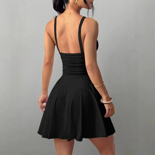 Women's Solid Color Casual Strap V-Neck Formal Dress by GJG Denim