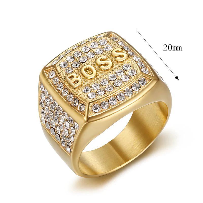 Titanium Steel Vacuum Plating Rhinestone Square "BOSS" Letter Men's Ring by GJG Denim