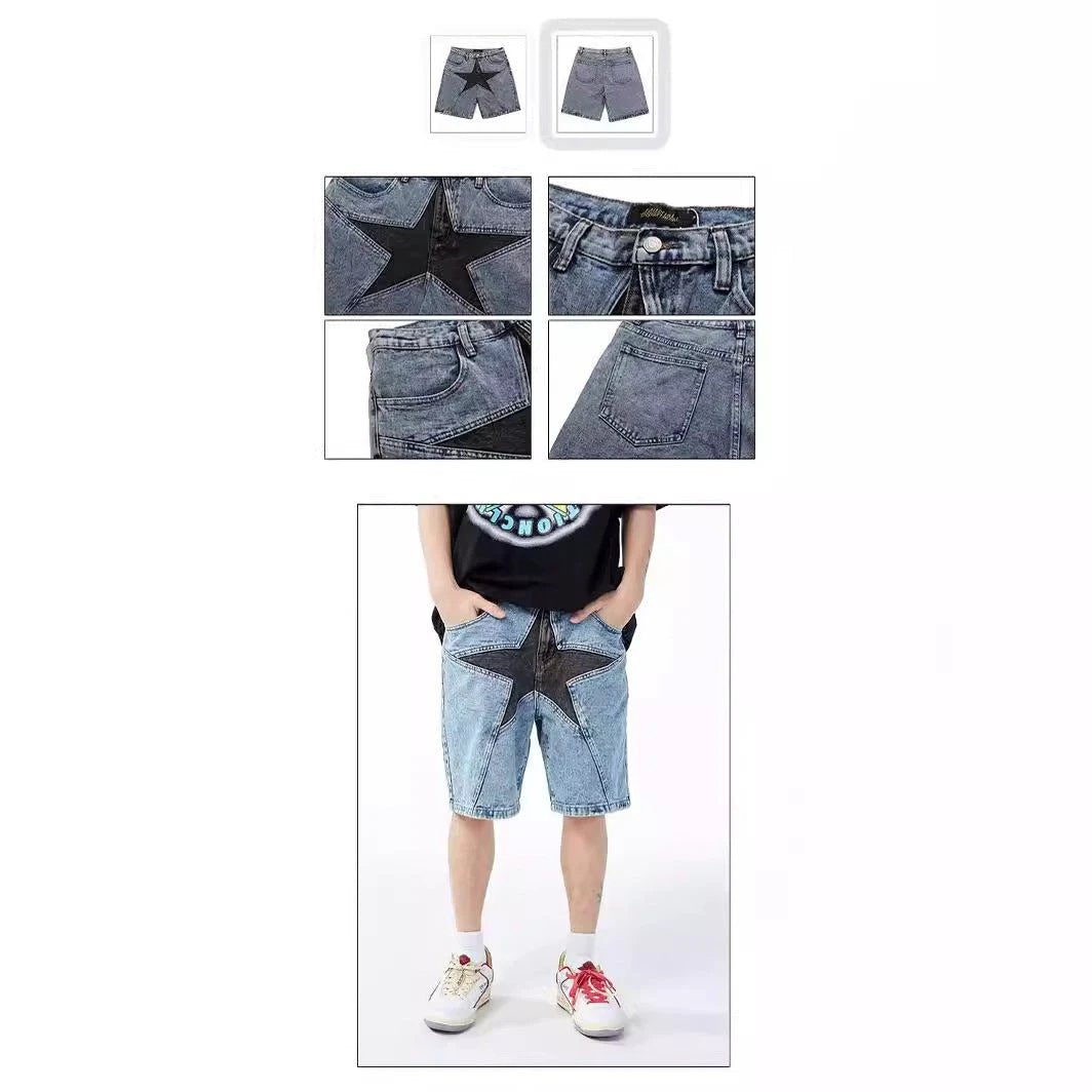 Trendy Loose Contrast Color Five-pointed Star Shorts by GJG Denim
