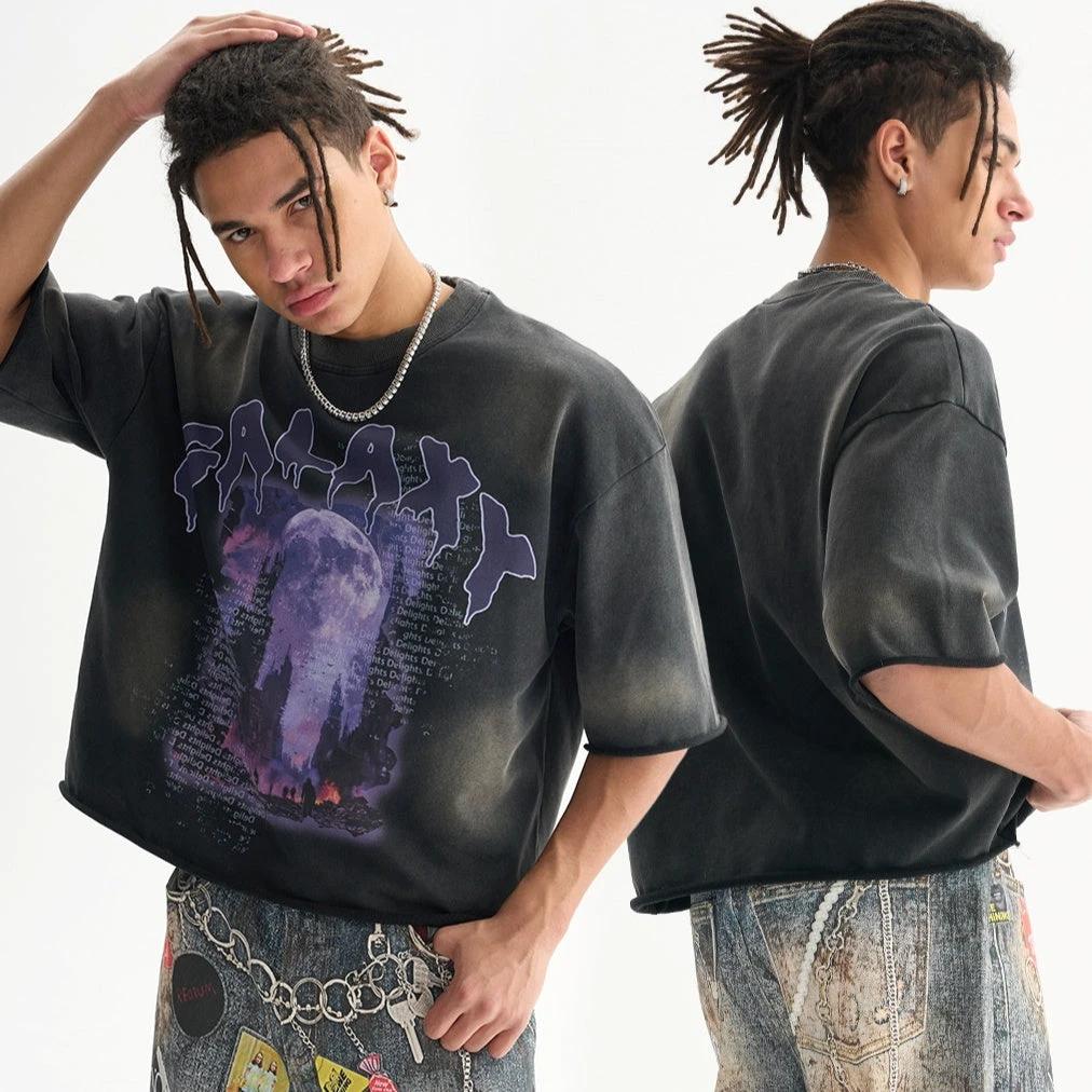 Terry Distressed T-shirt Men's High Street Loose Edge Washed-out Vintage by GJG Denim