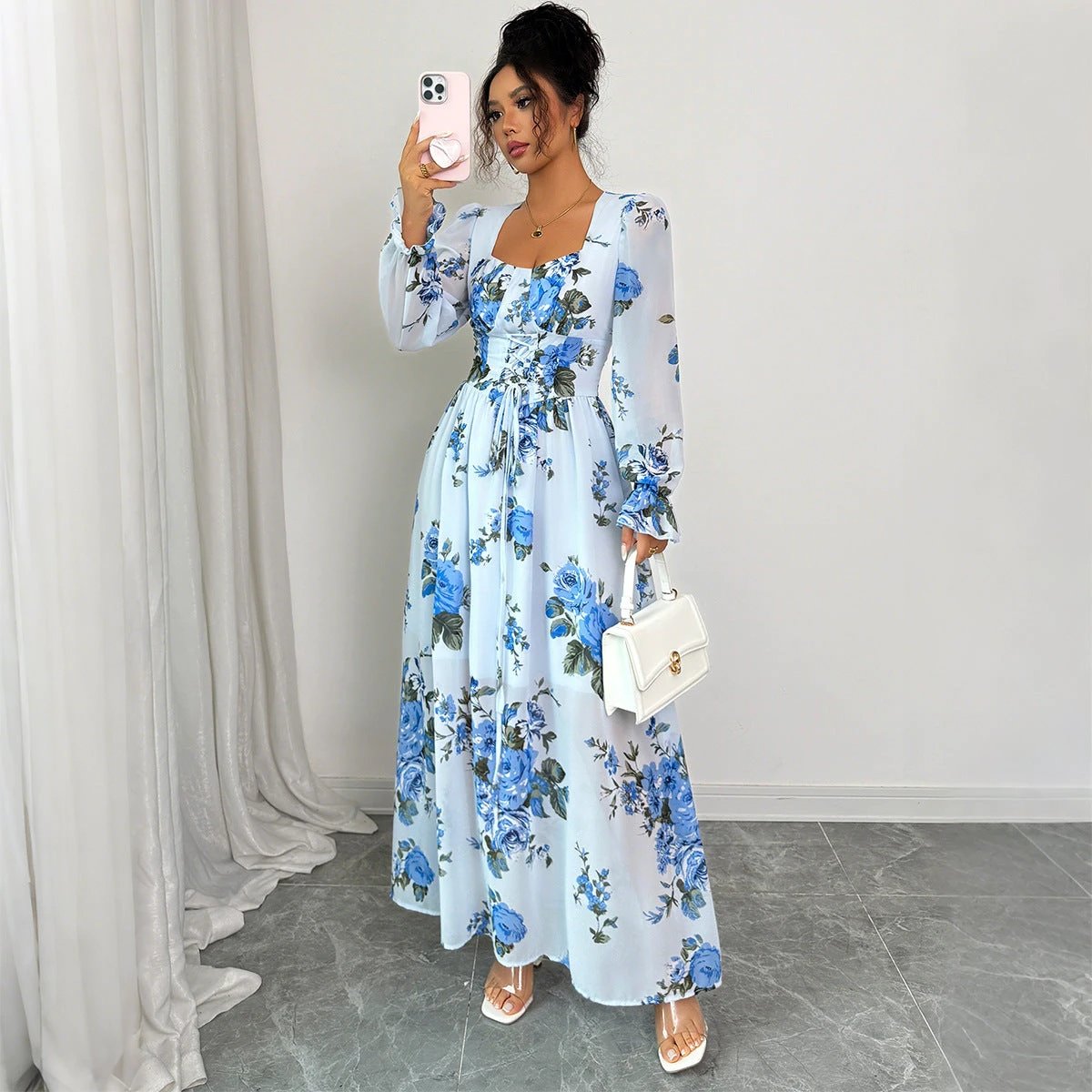 Floral Printed Long Sleeve Dress Women's Clothing by GJG Denim
