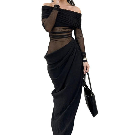 Long Sleeve Off-shoulder Sexy Sheath Stitching Length Dress by GJG Denim