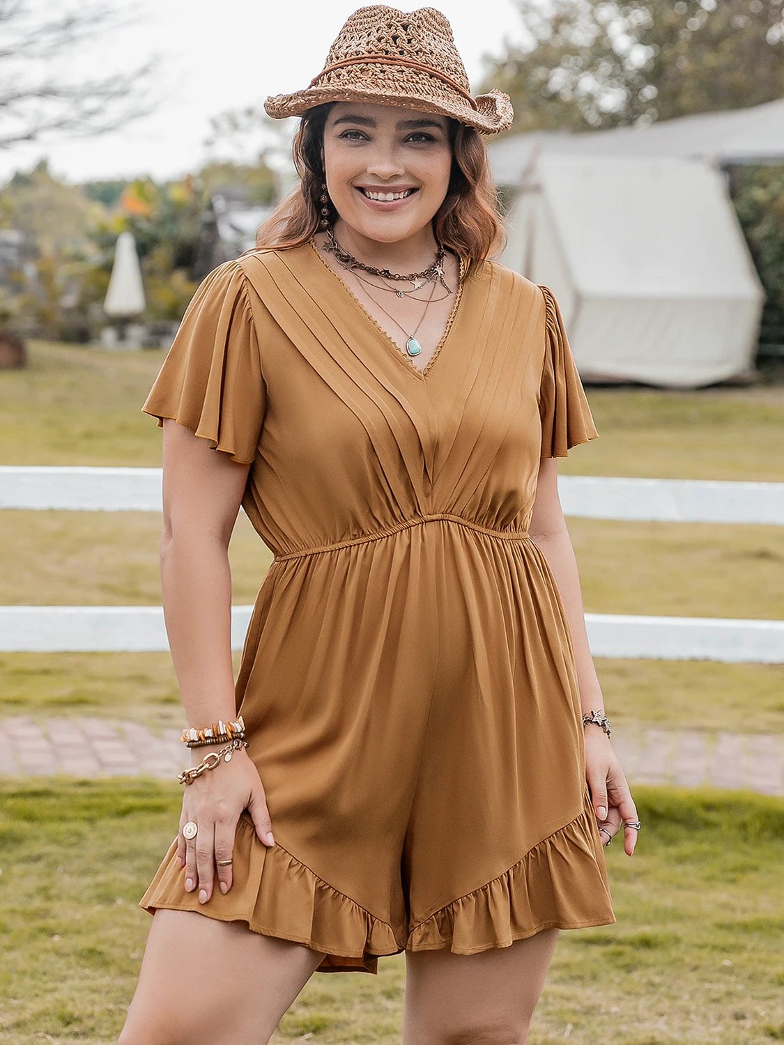 Plus Size Ruffled V-Neck Short Sleeve Romper by Lady Ros