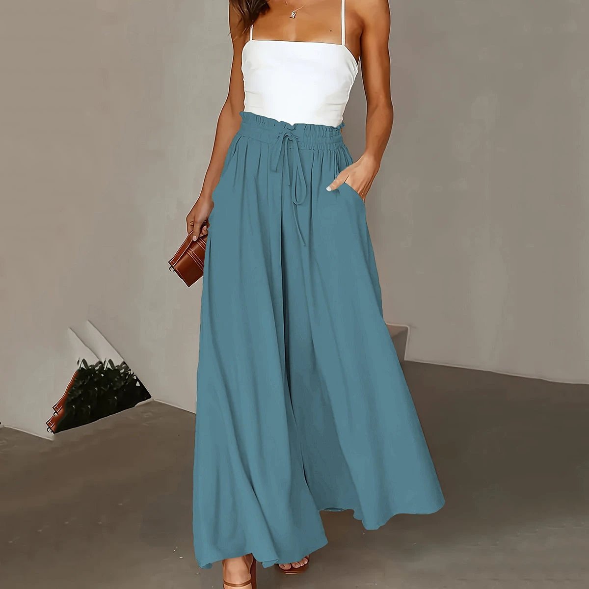 Plus Size Wide Leg Pants - Stylish Solid Paper Bag Waist Design, Elegant Pocket Tie Front, Loose Fit For Comfort, Perfect For Spring & Summer, Women's Fashionable Clothing For Curvy Figures by GJG Denim