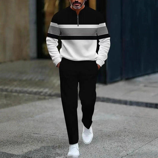 Men's Casual Long-Sleeve Top And Pants Set With A Half-Open Placket And Zipper by GJG Denim