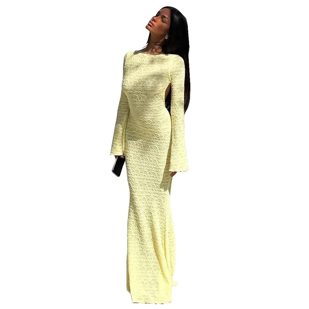 Backless Solid Color Flared Long Sleeve Round-neck Long Dress by GJG Denim