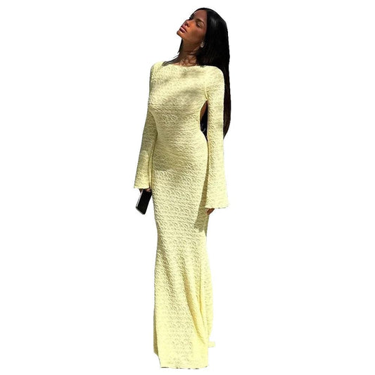 Backless Solid Color Flared Long Sleeve Round-neck Long Dress by GJG Denim