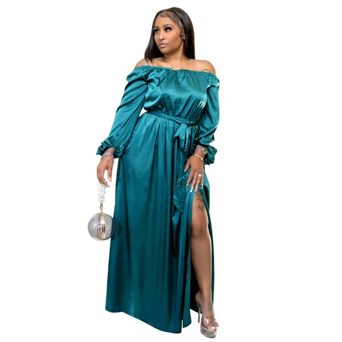 Off-shoulder Lace-up Lantern Sleeve Dress by GJG Denim
