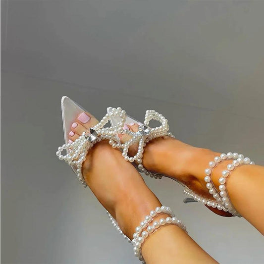 European And American Transparent Crystal Pearl Bow Head Sandals For Women by GJG Denim