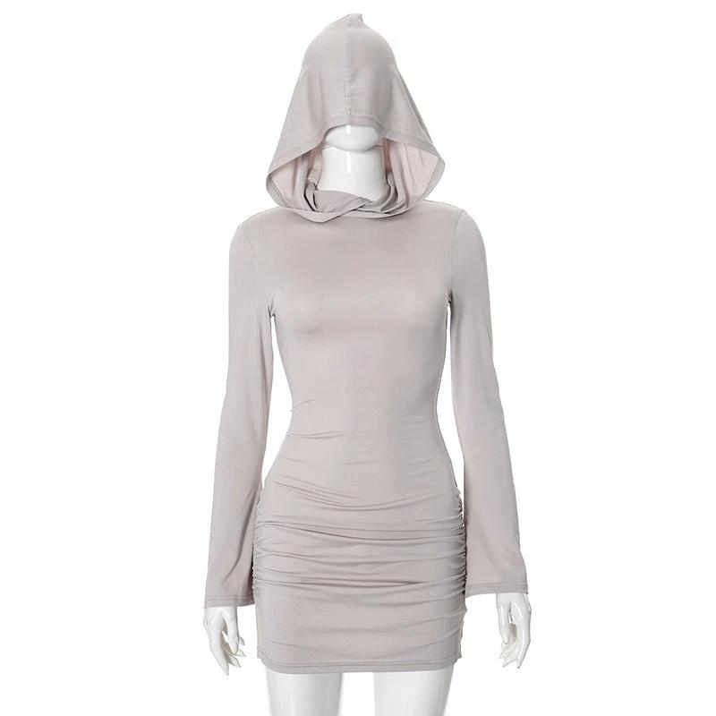 Solid Color Long Sleeve Hooded Pleated Sheath High Waist Short Dress by GJG Denim