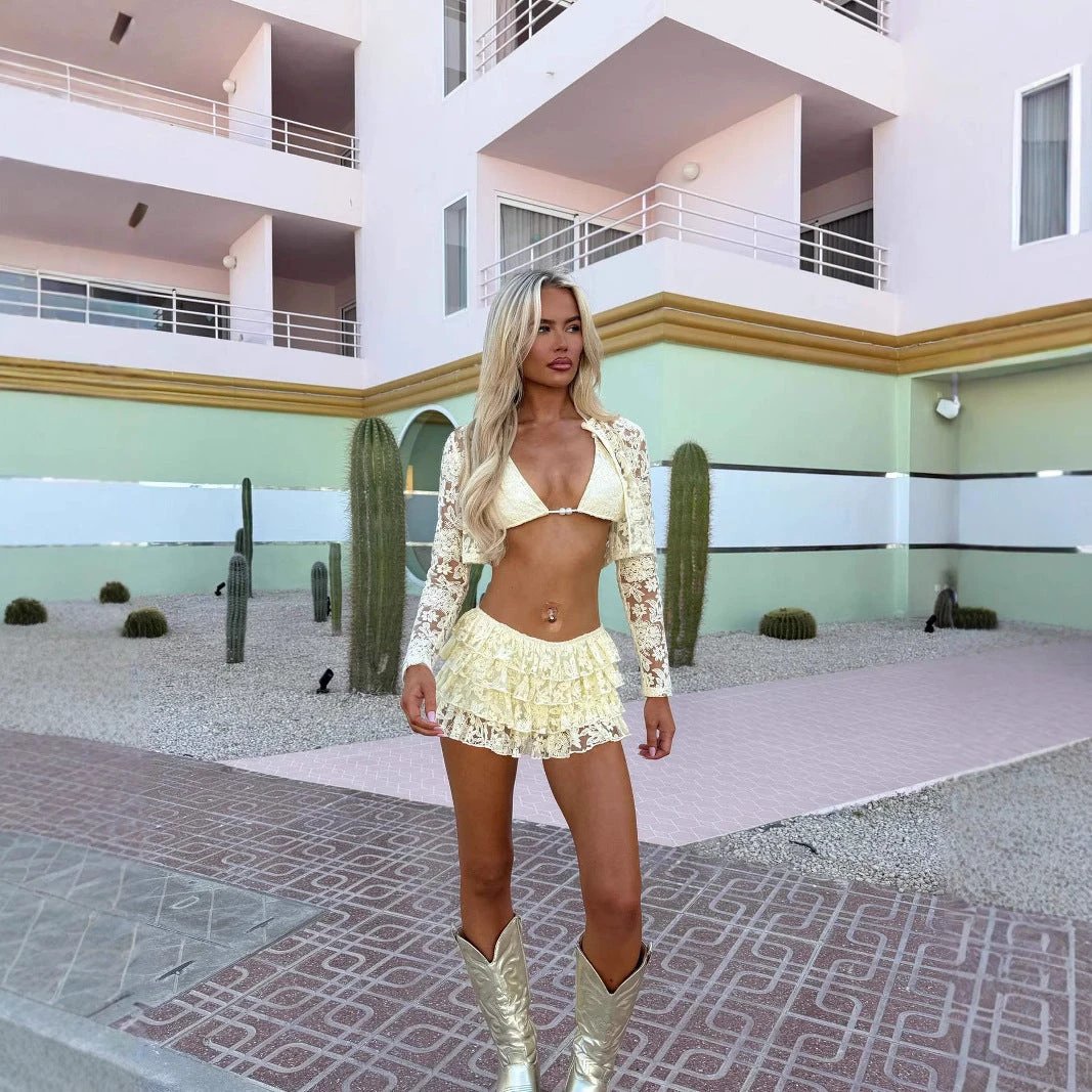 New Lace Mesh Coat Chest Cup Skirt Fashion Casual Three-piece Suit Women by GJG Denim