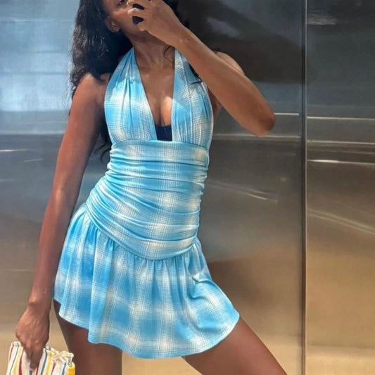 Blue And White Plaid Beach Sexy V-neck Cool Halter Dress by GJG Denim