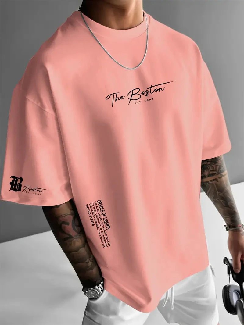 New Men's Round Neck Loose Casual Letter Short Sleeve by GJG Denim