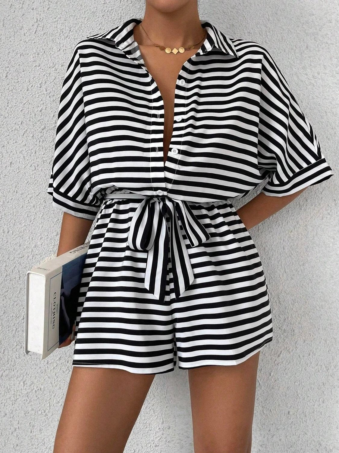 Tie Waist Half Button Striped Romper by VYSN