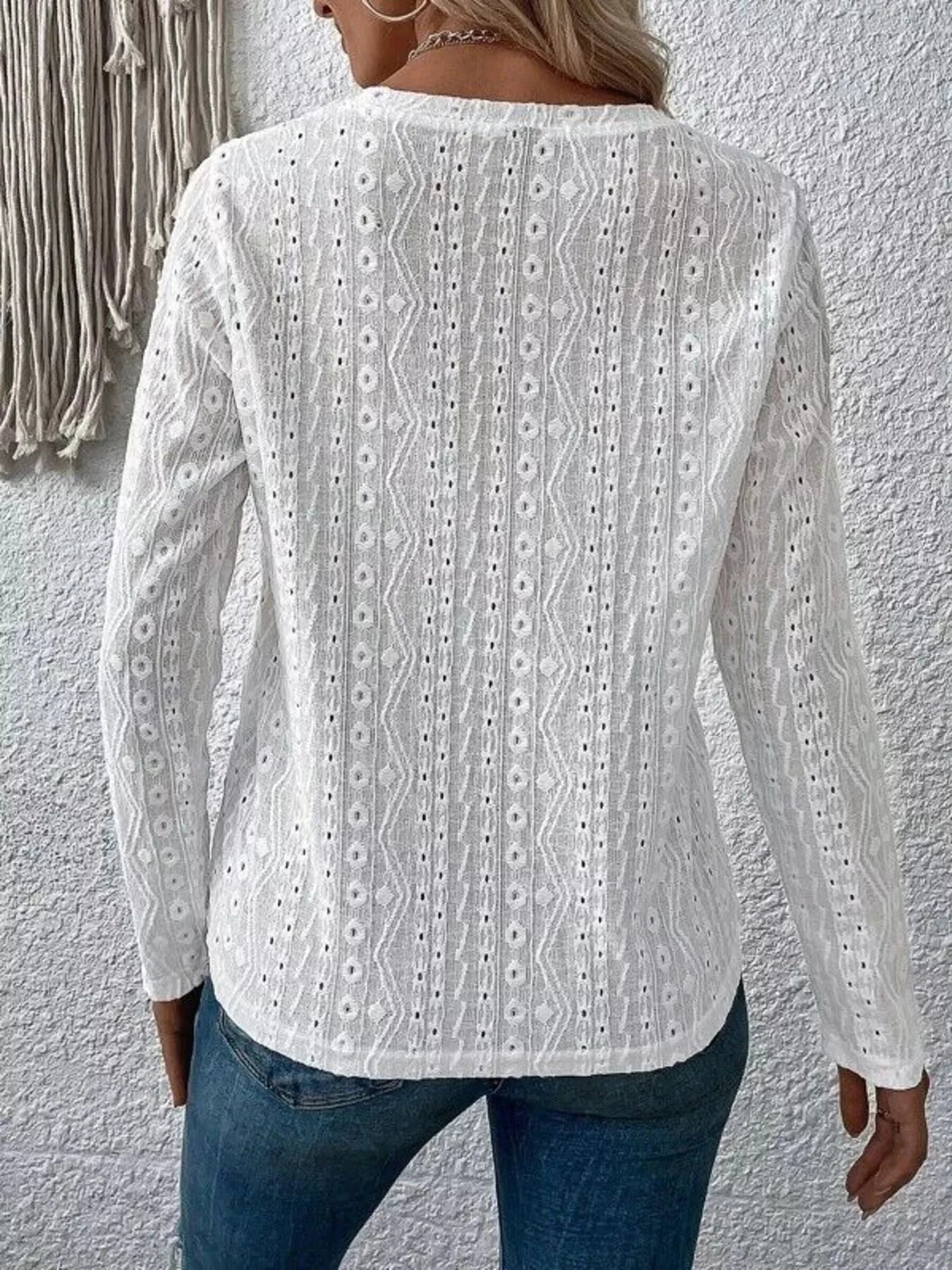 Full Size Eyelet Round Neck Long Sleeve Blouse Plus Size by Lady Ros