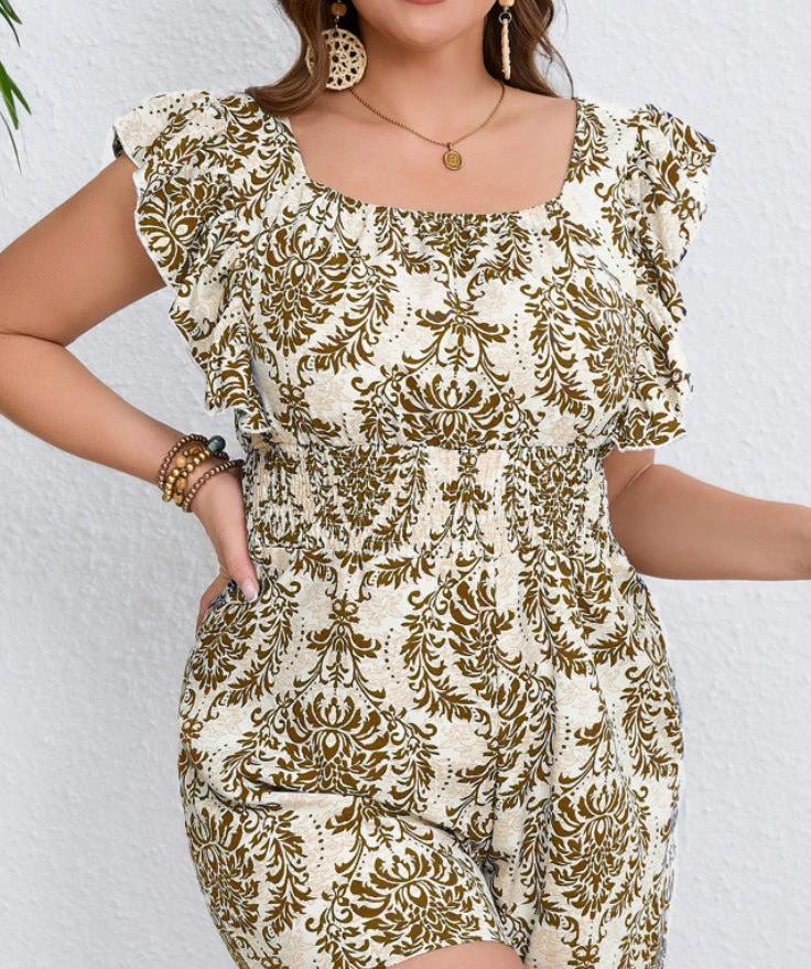 Plus Size Printed Sleeveless Smocking Fitted Waist Backless Vacation Style Jumpsuit by GJG Denim