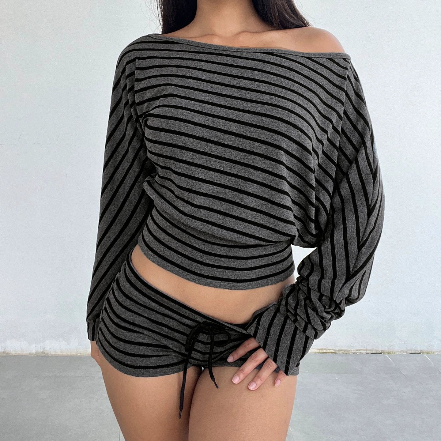 Womens Casual Striped Off-shoulder Long-sleeve Top And Shorts Set by GJG Denim