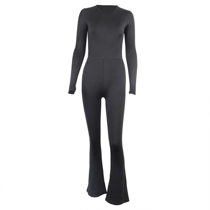 Round Neck Long Sleeve Back Pull Up Jumpsuit by GJG Denim