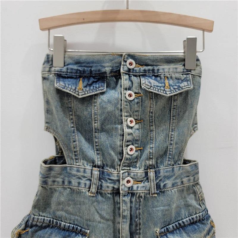 Hot Girl Breasted Hollow-out Midriff Tube Top Cowboy Siamese Shorts For Women by GJG Denim