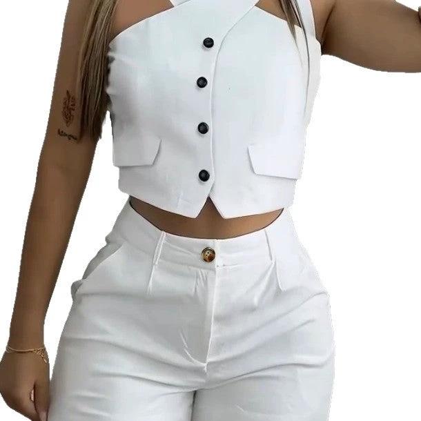 Sleeveless Halter-neck Casual Top Paired With Fashionable Shorts Set by GJG Denim