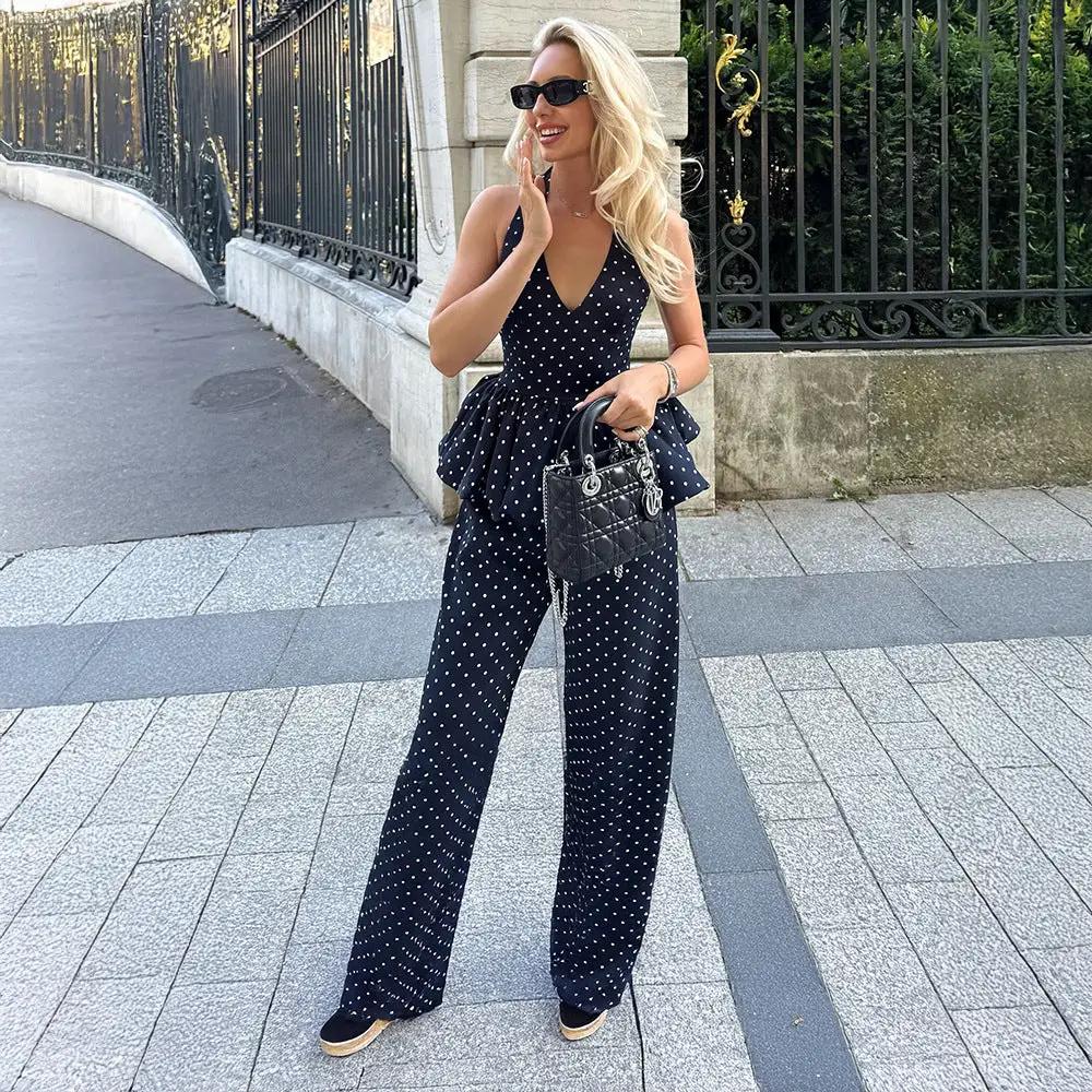 Polka-dot Print Elegant Halterneck Jumpsuit With Wide-leg Pants Set by GJG Denim