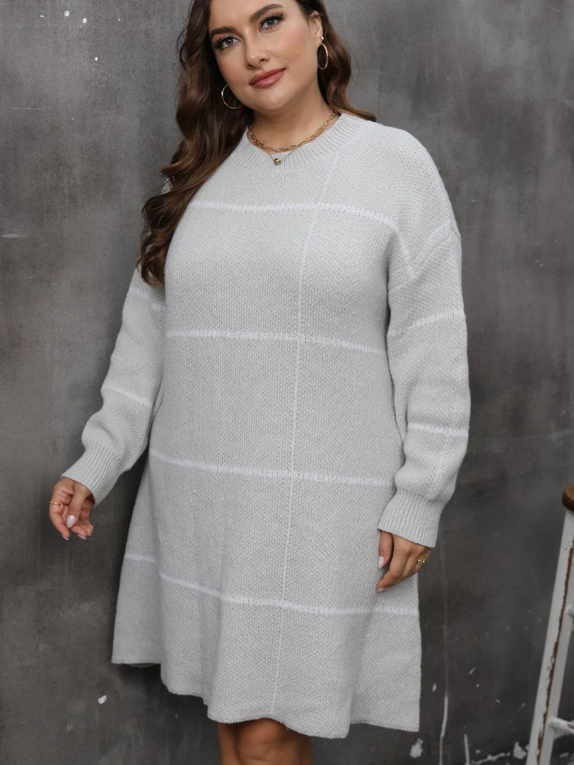 Plus Size Round Neck Long Sleeve Sweater Dress by Lady Ros