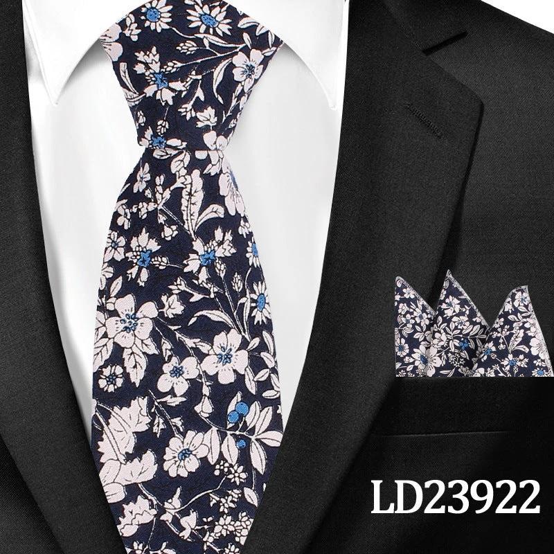 Men's Casual Cotton Floral Print 6cm Tie and Pocket Square by GJG Denim