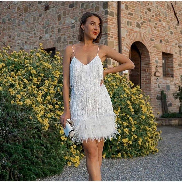 Sexy Tassel Sequins Feather Summer Mini Dress Women V Neck Spaghetti Strap Stitching Dresses Female Elegant Evening Party Club Dress by GJG Denim