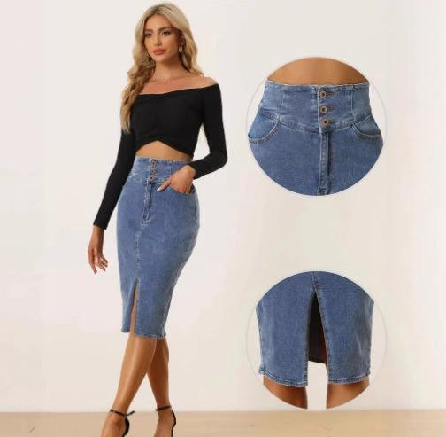 Womens High-Waisted Irregular New Denim Skirt by GJG Denim