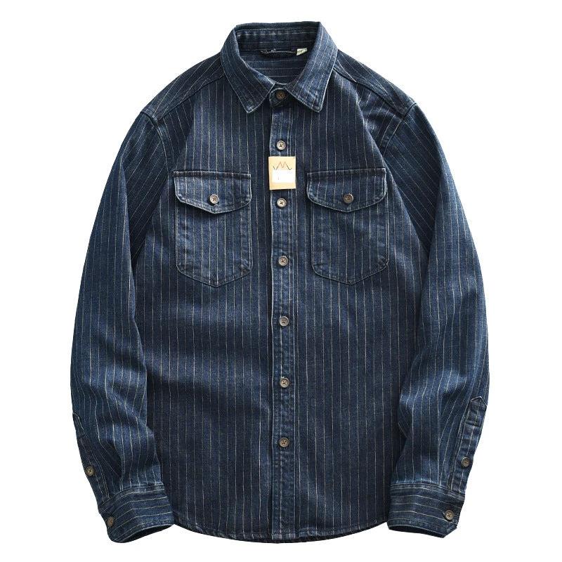 Striped Denim Shirt Men's Business Shirt Coat by GJG Denim