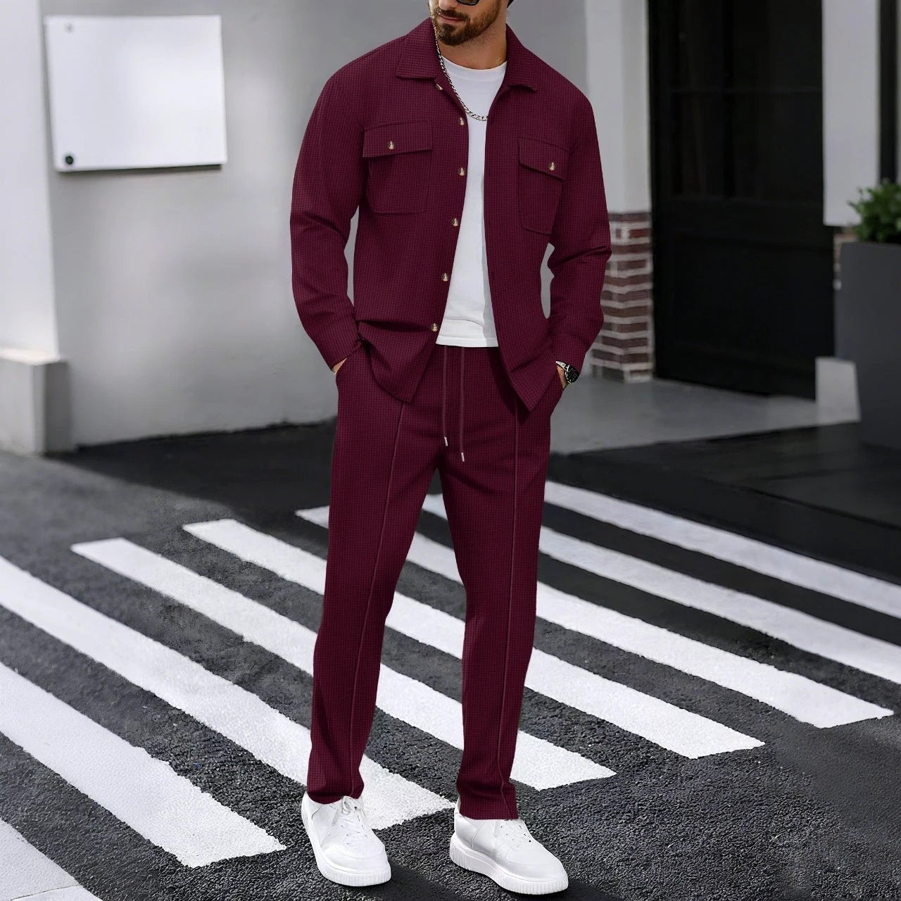 Autumn New Waffle Long-sleeved Trousers Two-piece Set Cardigan Shirt Suit by GJG Denim