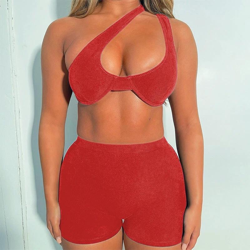 Irregular Shoulder Sexy Wrap Chest High Waist Tight Shorts Suit Women by GJG Denim