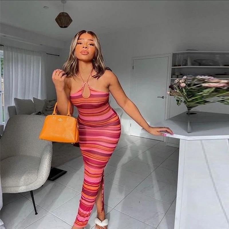Striped Contrast Long Dress Sexy Halter Strap Backless Wrap Chest Slit Dress by GJG Denim
