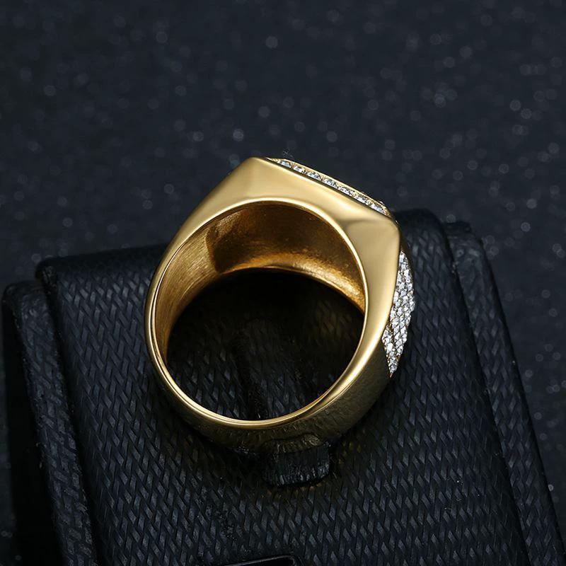 Titanium Steel Vacuum Plating Rhinestone Square "BOSS" Letter Men's Ring by GJG Denim