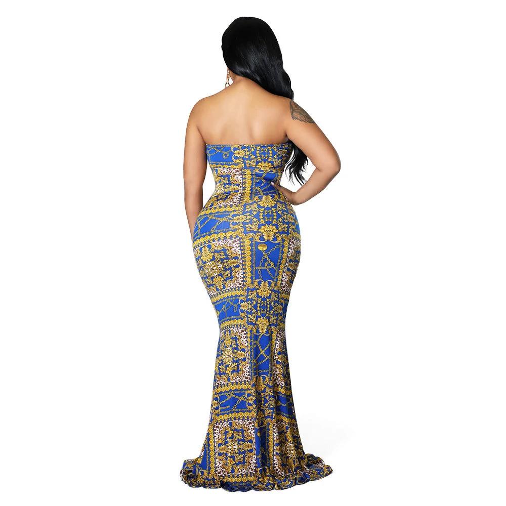 Women's Digital Print Wrap Breast Long Dress Floor Dress by GJG Denim