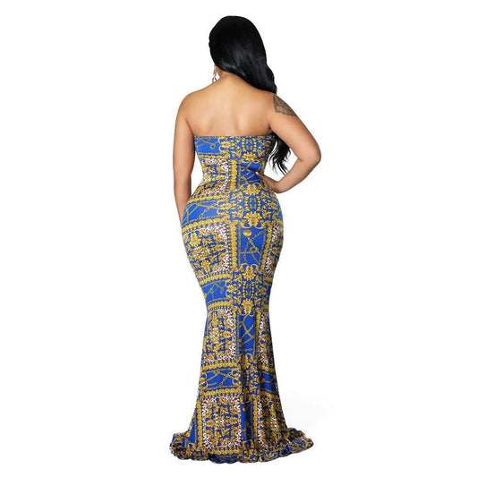 Women's Digital Print Wrap Breast Long Dress Floor Dress by GJG Denim