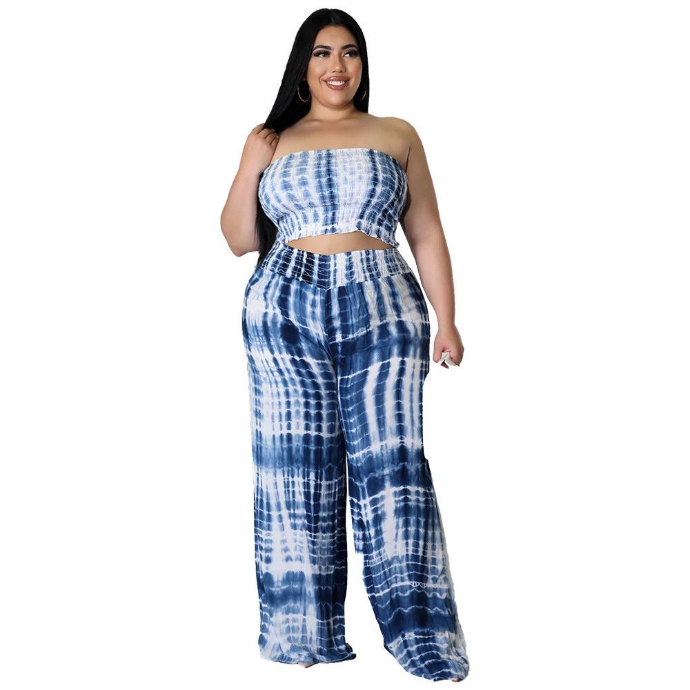Women's Tie-dye Print Chest-wrapped Backless Plus Size Two-piece Suit by GJG Denim