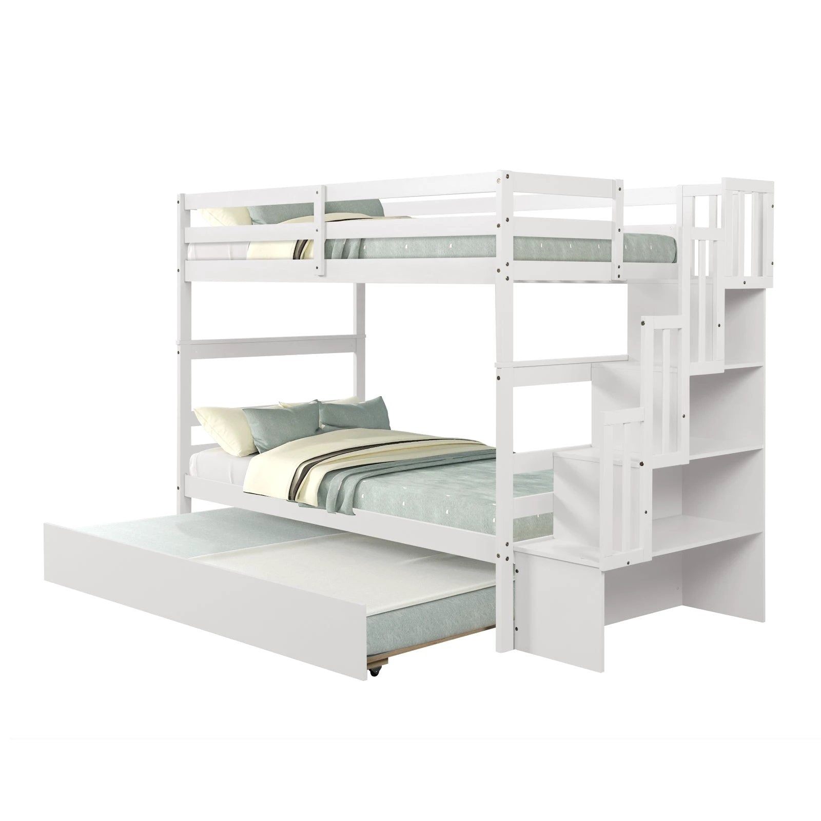 Twin Bunk Beds With Trundle & Stairway Storage In White by GJG Denim