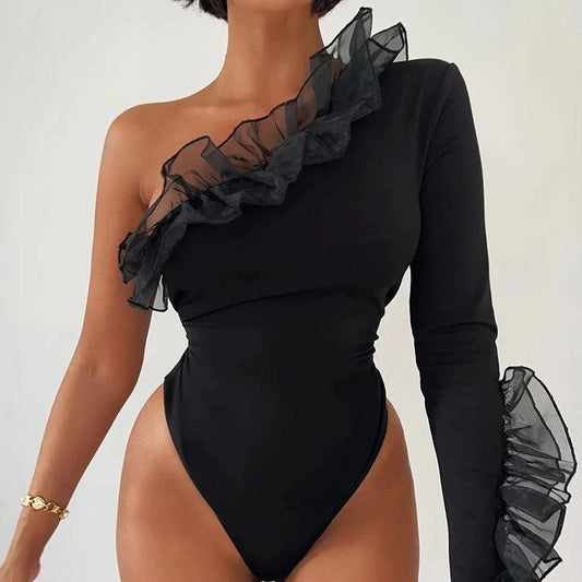 Women's Fashion Mesh Ruffle Fly One Shoulder Sleeve Slant Collar Slim Bodysuit T-Shirt Women by GJG Denim