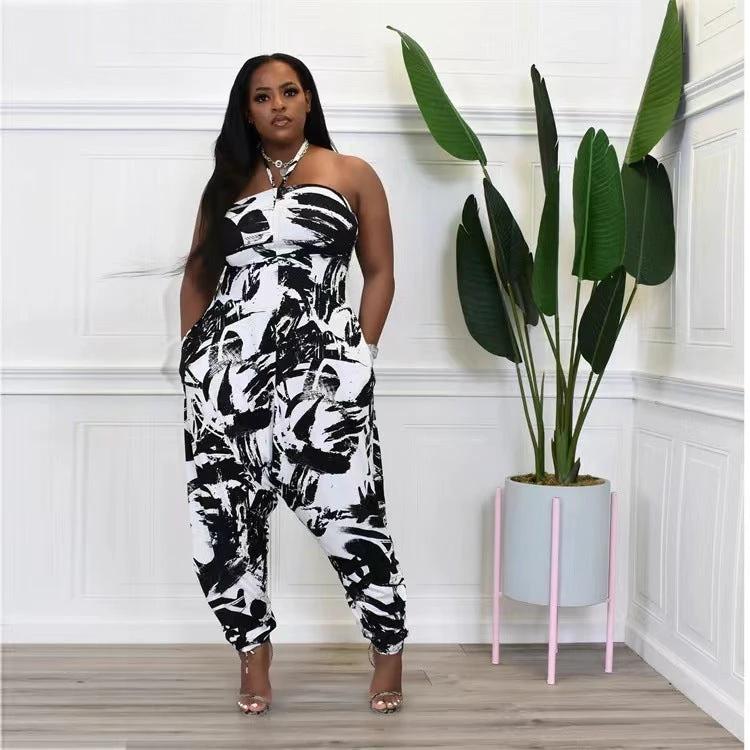 Plus Size Women's Halter Loose Lantern Sleeveless Print Jumpsuit by GJG Denim
