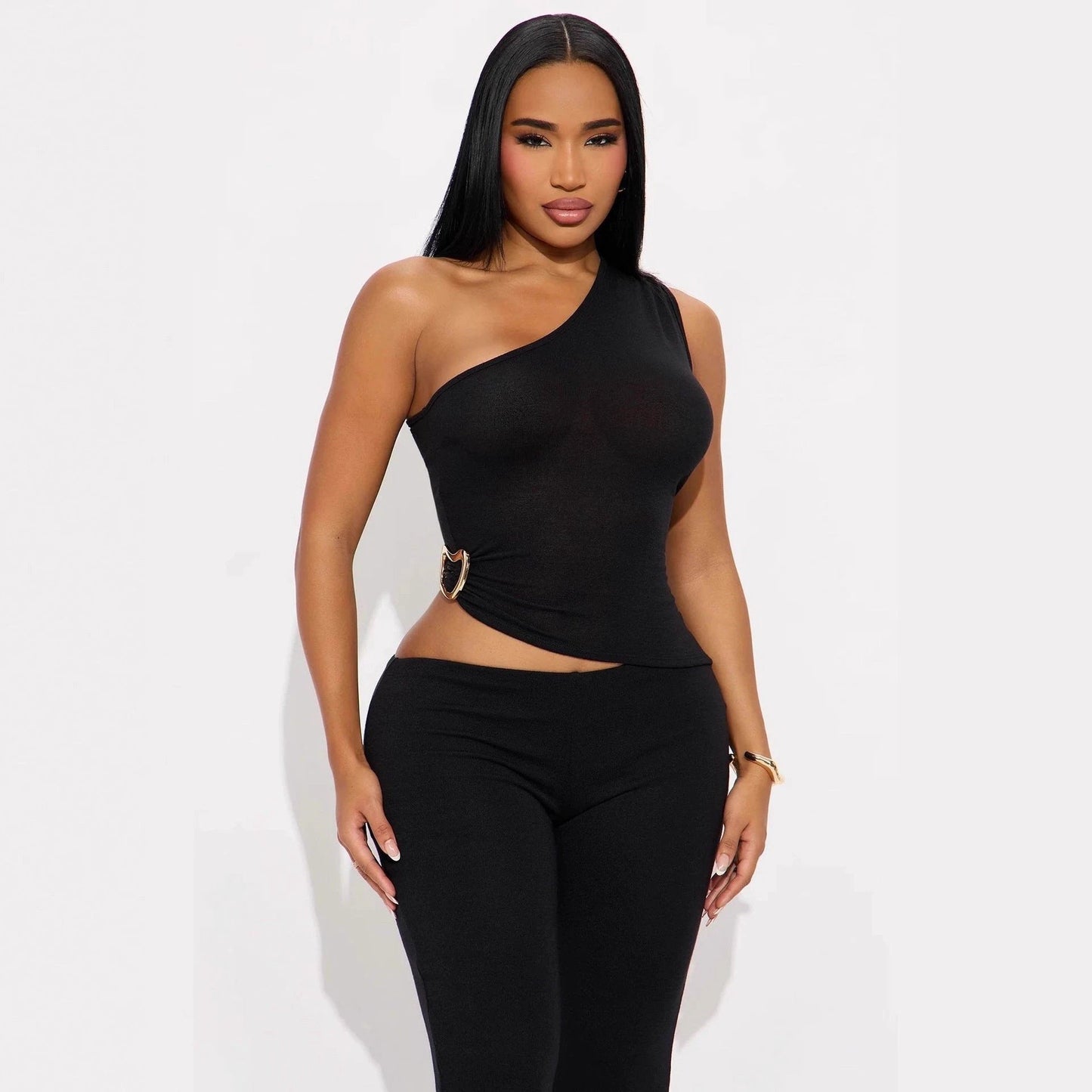 Fashionable Solid-Color Slim-Fit Asymmetrical-Neck Tops And Pants Set That Flatters Your Figure by GJG Denim