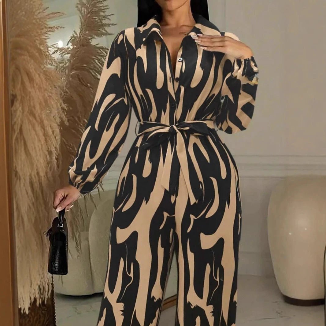 Womens Stylish Wide-leg Jumpsuit With Long Sleeves Floral Print And A Fitted Waist by GJG Denim