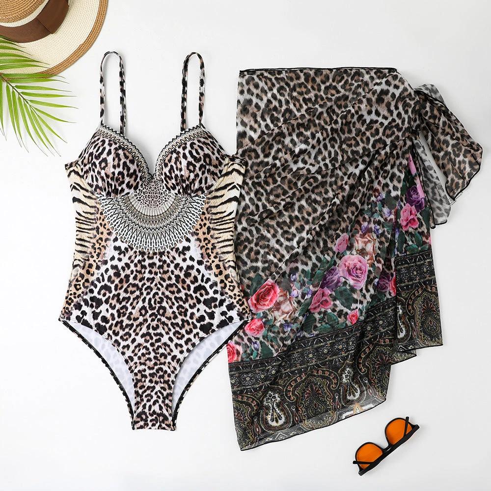 Leopard Print Casual One-piece Swimsuit Mesh Long Cover up by GJG Denim