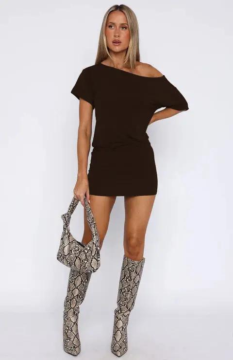Long-sleeved Loose-fit Solid-color Sexy Off-shoulder Casual Dress by GJG Denim