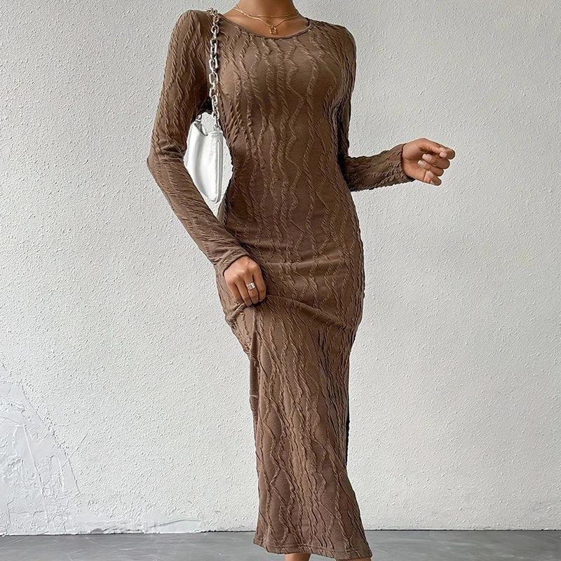 Women's Crew Neck Long Sleeve Ribbed Dress Side Slit Knit Bodycon Midi Dress by GJG Denim