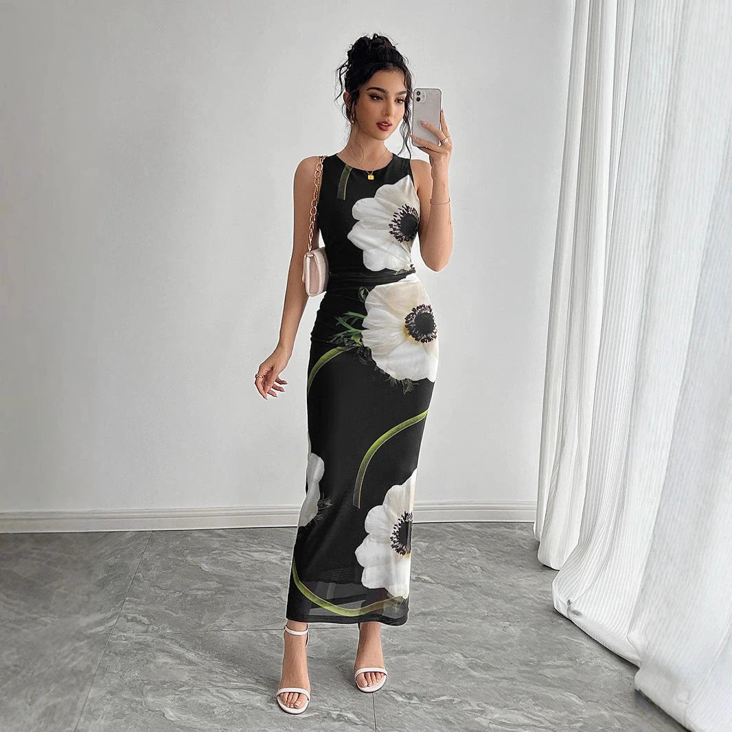 Women's Black Mesh Floral Print Sleeveless Dress Long Dress by GJG Denim