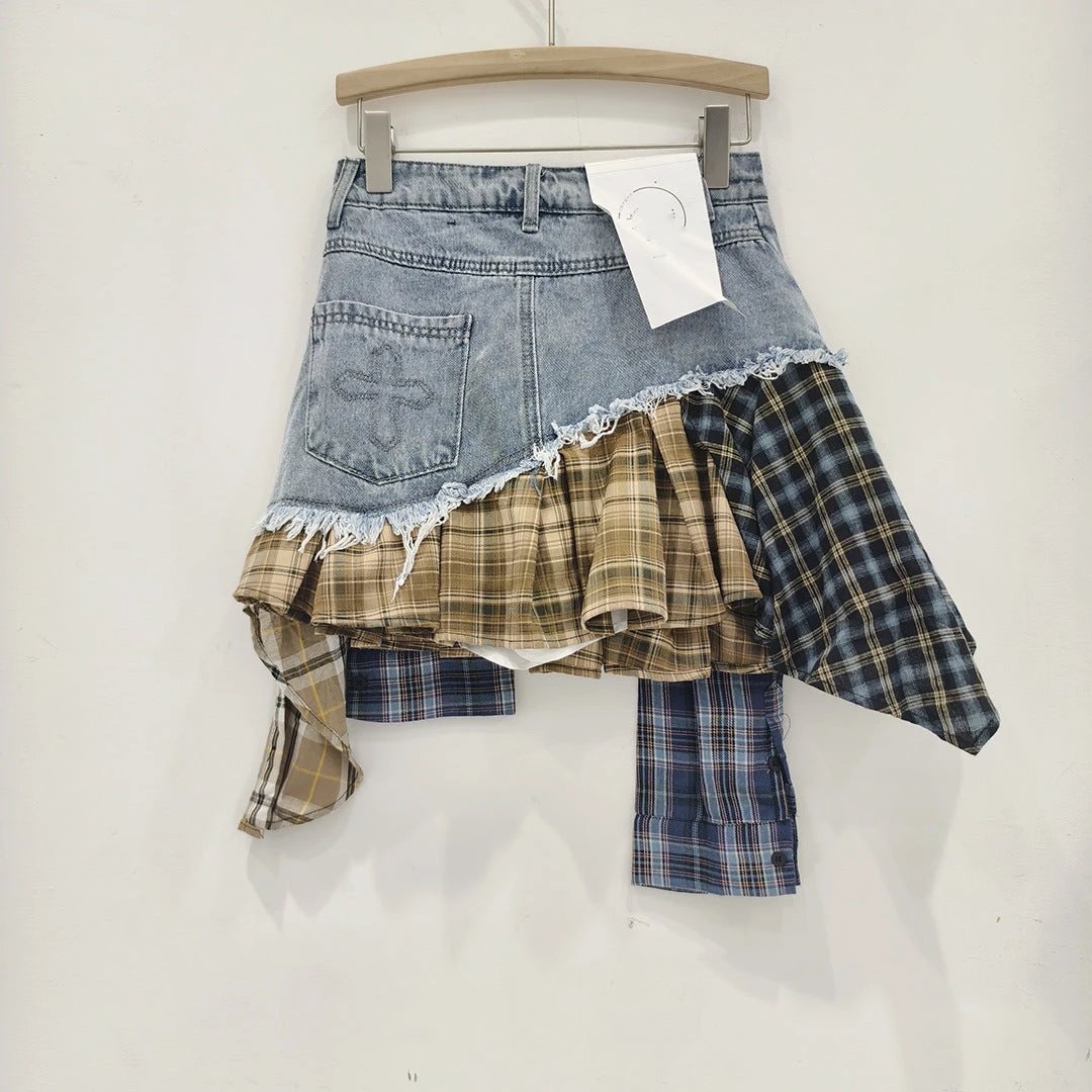 Irregular Hem Patchwork Denim Skirt For Women by GJG Denim
