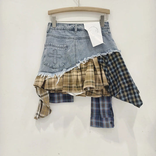 Irregular Hem Patchwork Denim Skirt For Women by GJG Denim