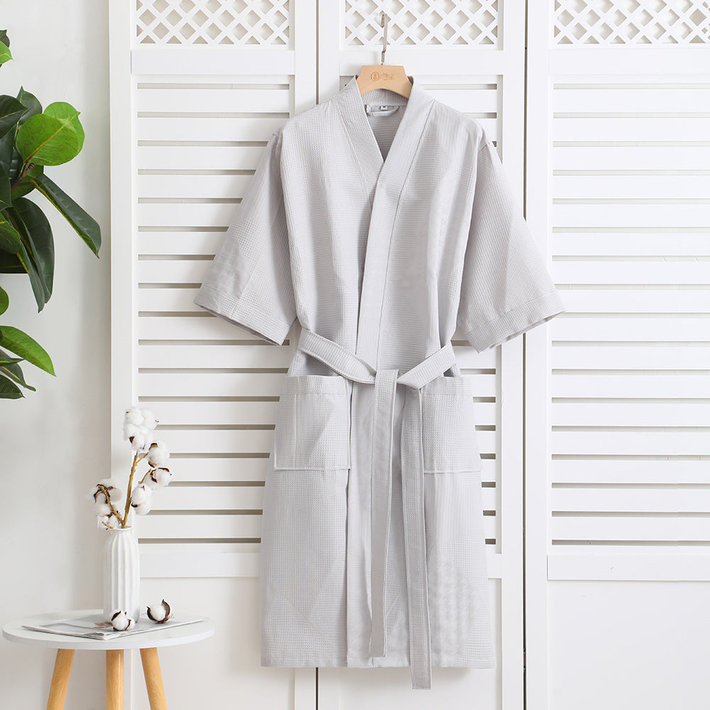 Cotton Single-layer Yarn Cropped Sleeves Mid-length Bathrobe by GJG Denim