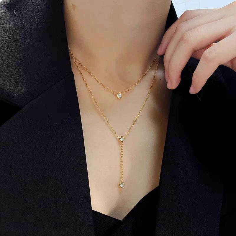 Single rhinestone Zircon Tassel Titanium Steel Necklace For Women by GJG Denim